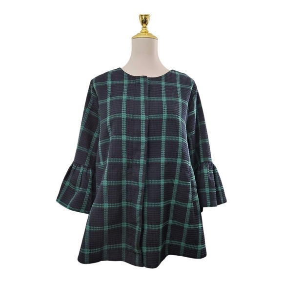 entro Jackets & Blazers - Entro Women's Plaid Bell Sleeve Jacket Blue Green Check Waffle Knit Cotton L